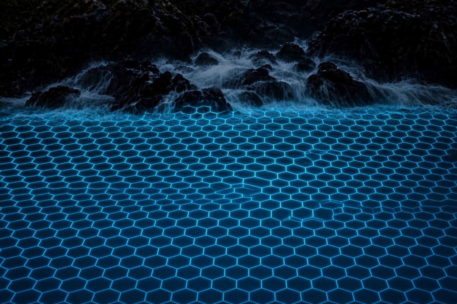 Rocky cascade into open water with cyan hexagonal CAST media — dark mid-water clearing through the hex field